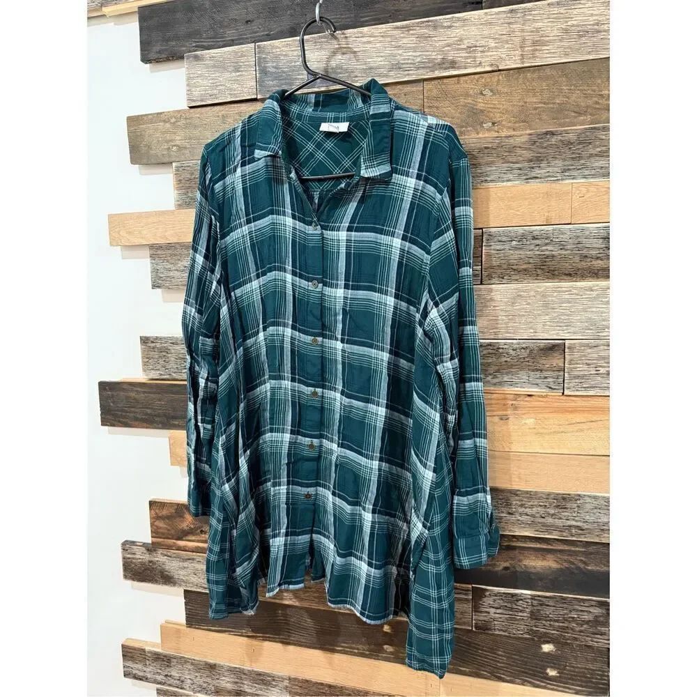 J. Jill Womens Button Up Shirt Blouse Tunic Top Green Plaid Pockets Sz L